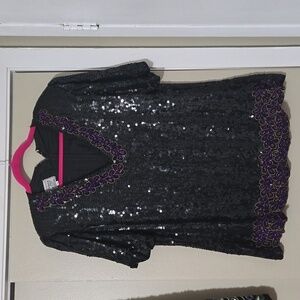 Stenay Silk Black Sequin and Purple Beaded Top Size 1X